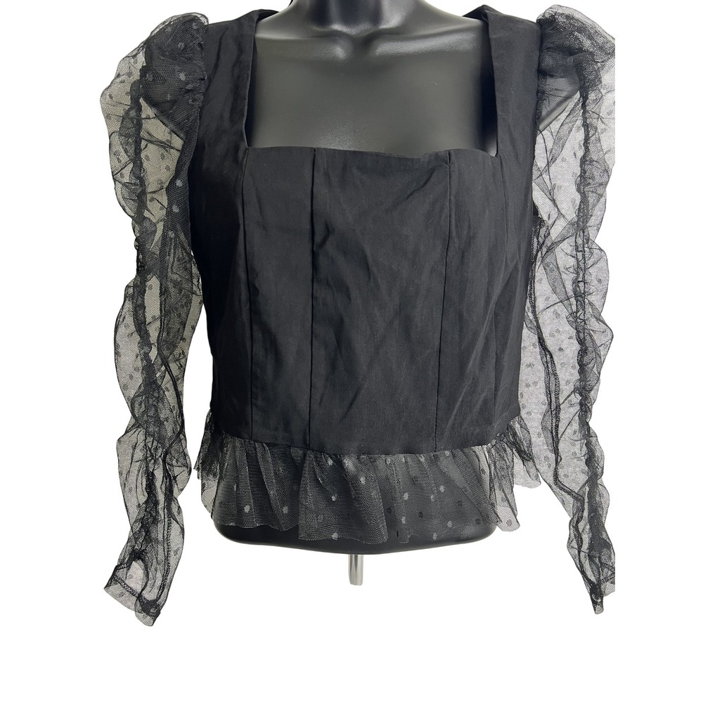 Topshop Blouse Womens US 8 Black Sheer Polka Dot Mesh‎ Ruffle Long Sleeve Peplum